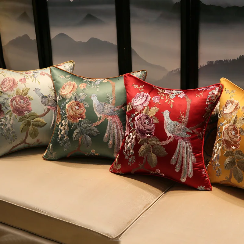 

Cushion Cover Chinese Style Sofa Waist Pillow Silk Embroidery Pillow Satin Large Pillow Removable and Washable Car Pillow Covers