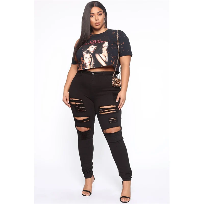 Джинсы женские размера плюс с высокой талией Узкие рваные брюки-карго Модные