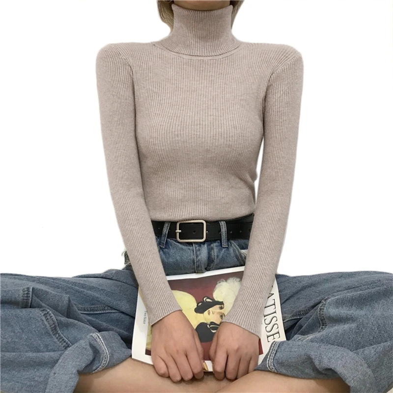 

Women Long Sleeve Turtleneck Sweater Sweet Solid Candy Color Ribbed Knitted Pullover Tops Slim Basic Stretch Jumper