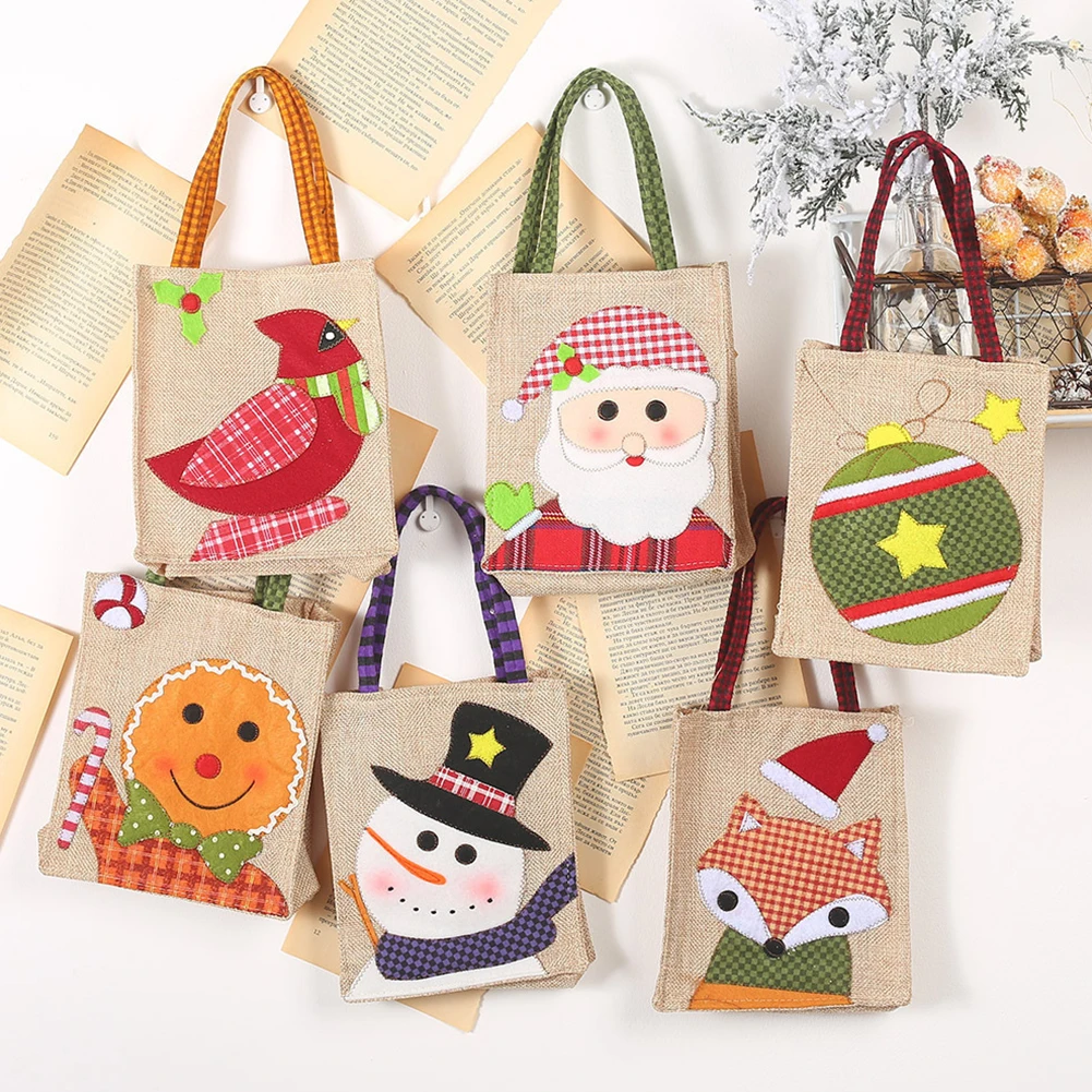 

Fashion Christmas Bag Santa Claus Linen Cloth Gift Tote Bag Casual Ladies Cartoon Patchwork Christmas New Year Mini Handbags
