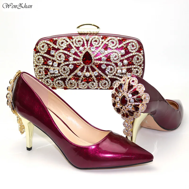 WENZHAN/итальянский комплект из обуви и сумки винного цвета с блестящими стразами