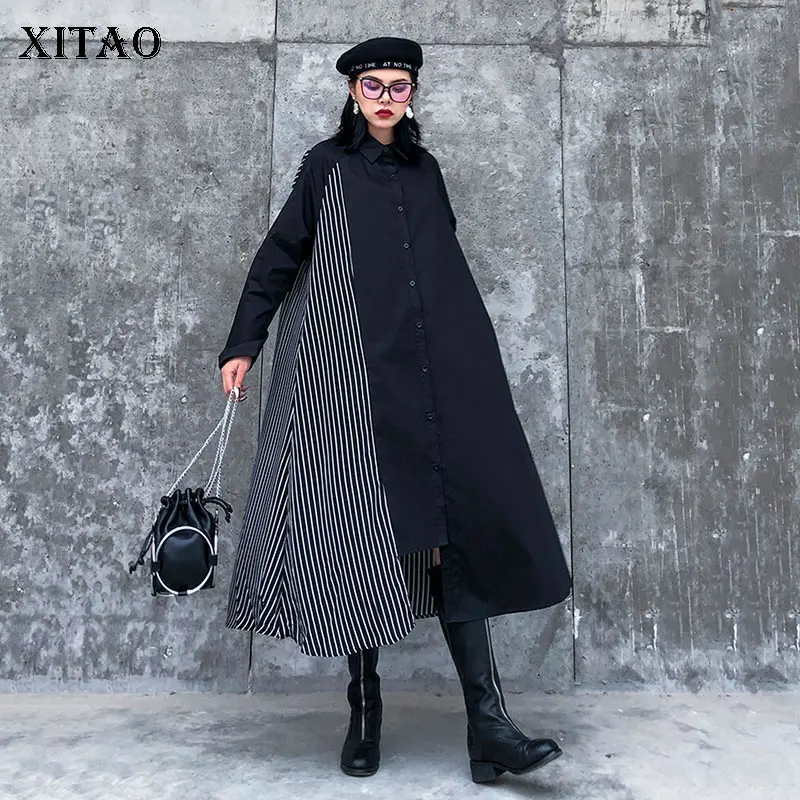 Женское платье в полоску XITAO асимметричное весеннее большого размера с длинным