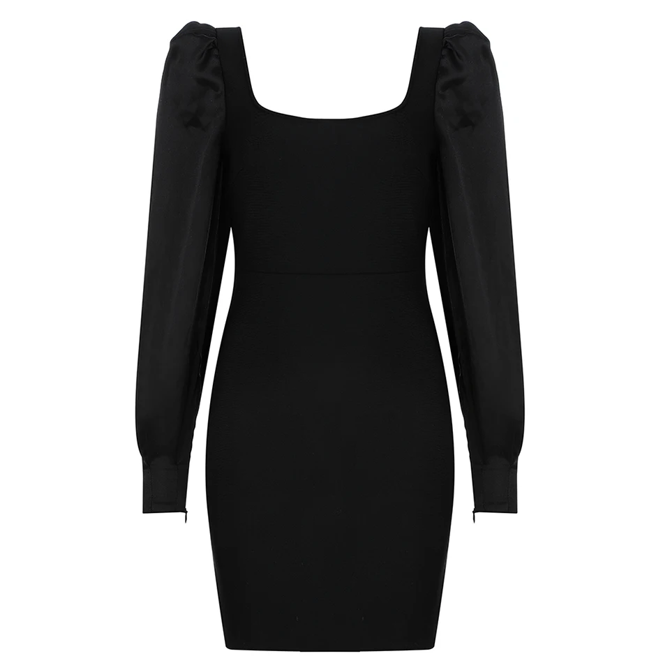 

2021 Summer New Women'S Fashion Elegant Sexy Black Long-Sleeved Puff Sleeve Bandage Mini Dress Square Collar Sexy Bodycon Dress