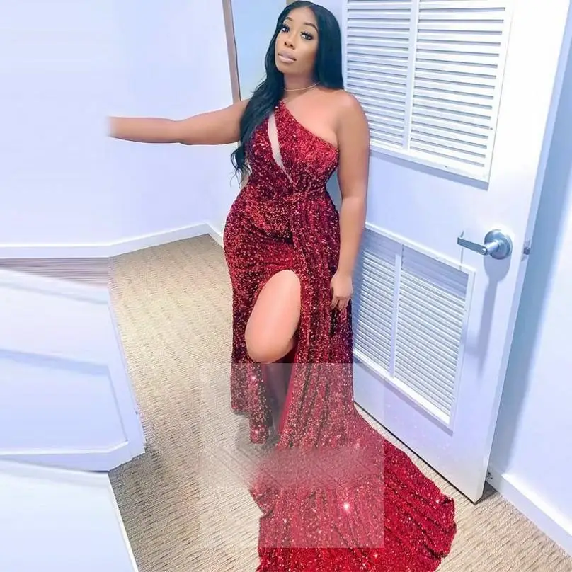 

2020 Red Sequined Prom Dresses One Shoulder Black Girls Formal Wear Side Split Evening Dress Mermaid Women Gowns Vestidos cockta