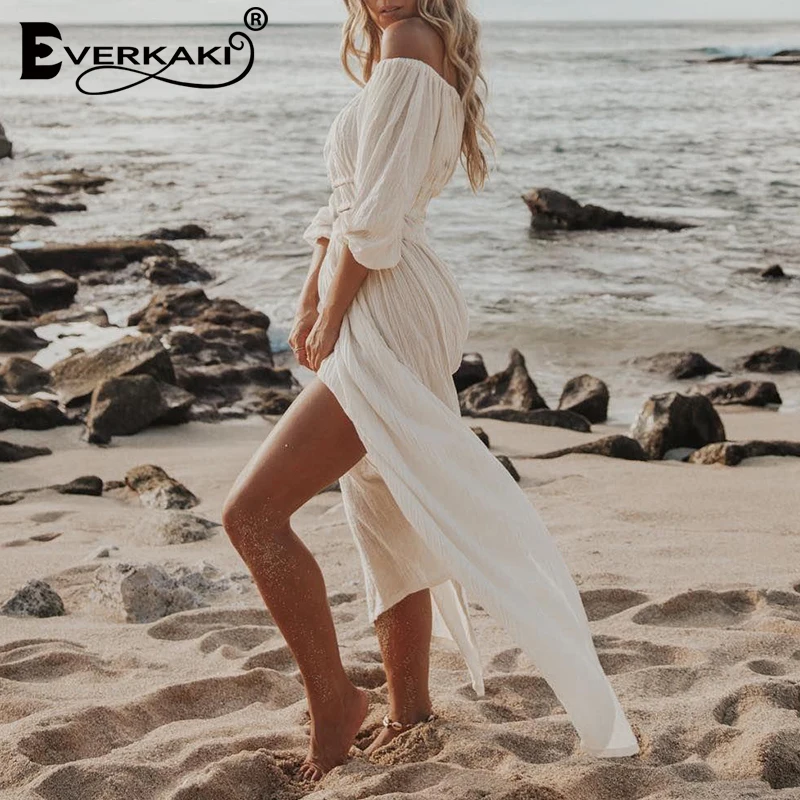 Женское длинное платье с открытыми плечами Everkaki Пляжное однотонное Повседневное