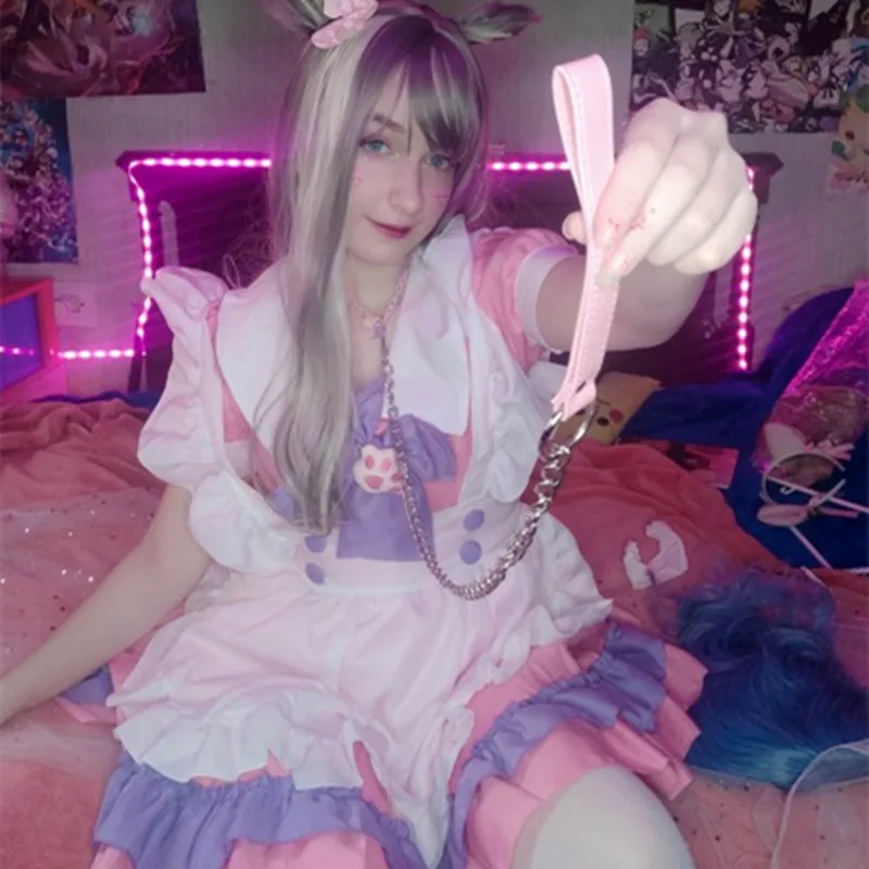 

Anime Lolita Dress Maid Outfit Pink Blue Lace Apron Cute Cat Paw Loli Princess Dresses Cosplay Costume Women Girls Clothes Set