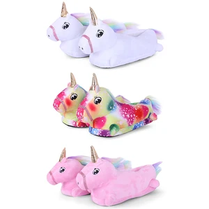 Зимние теплые домашние тапочки-кигуруми с единорогом, детская обувь на плоской подошве, Симпатичные Мультяшные белые розовые плюшевые тапочки с единорогом для мальчиков и девочек, домашние тапочки