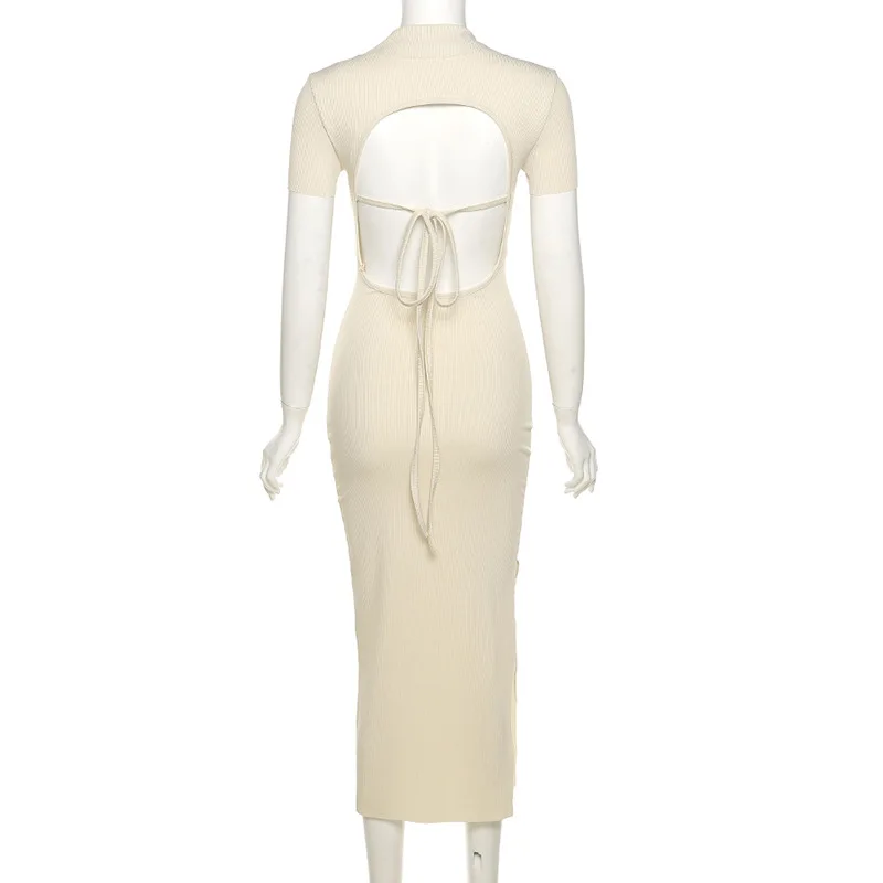 

Sexy Backless Cut Out Tie Up Women Midi Dress Autumn 2021 Short Sleeve Turn-down Collar Elegant Dresses Knitted