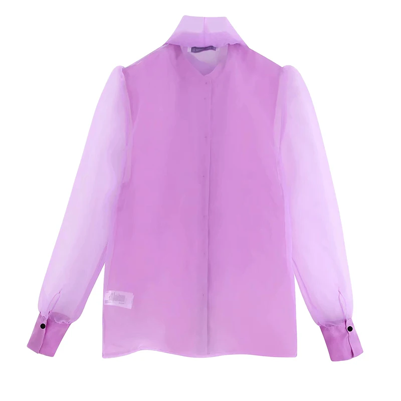 Женский шикарный однотонный фиолетовый бантик воротник блузка органза