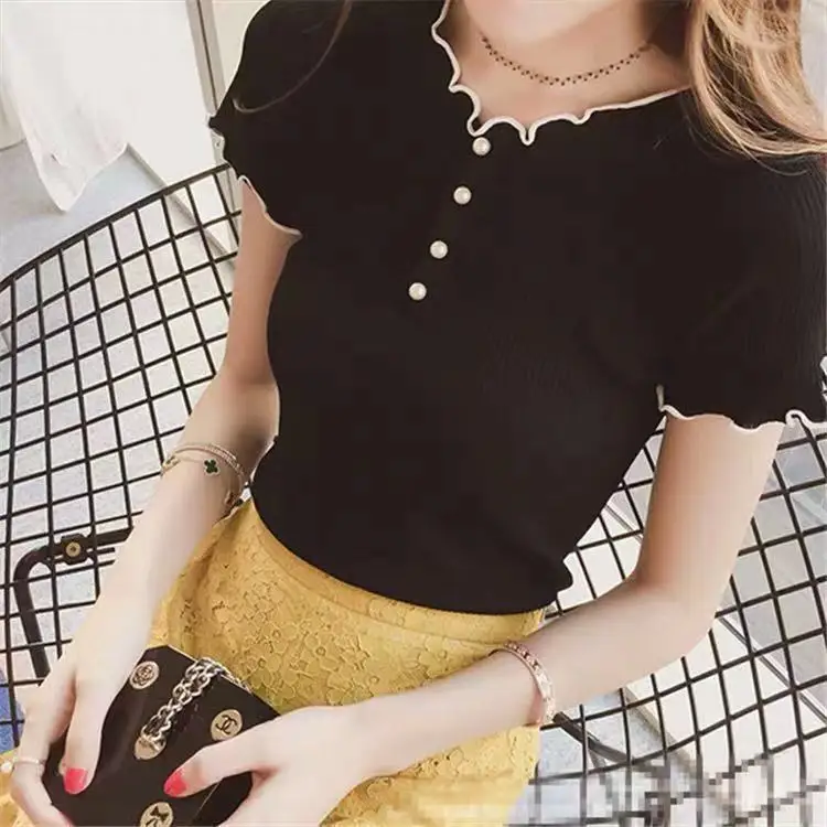 

Female Knit T-shirt Short Sleeves Korean Style Elegant One Size Tight Shirts Slim With Pearl Solid Sweet B64