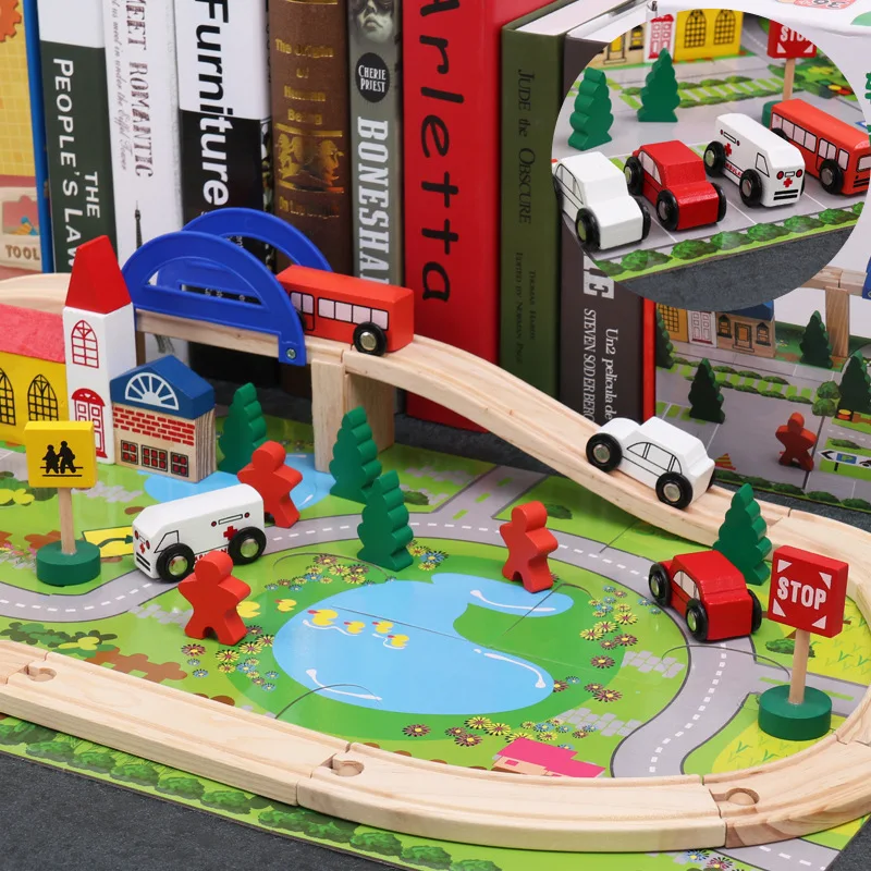 

Kids Assemble Wooden Race Track Sets Vehicle Overpass Bridge Cars City Parking Lot Toddler Montessori Educational Learning Games