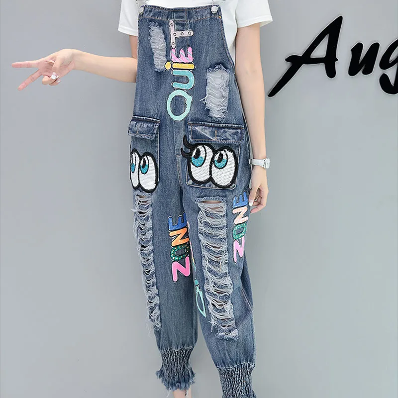 Женские штаны-Шаровары свободного кроя новая мода Ретро рваные комбинезоны с