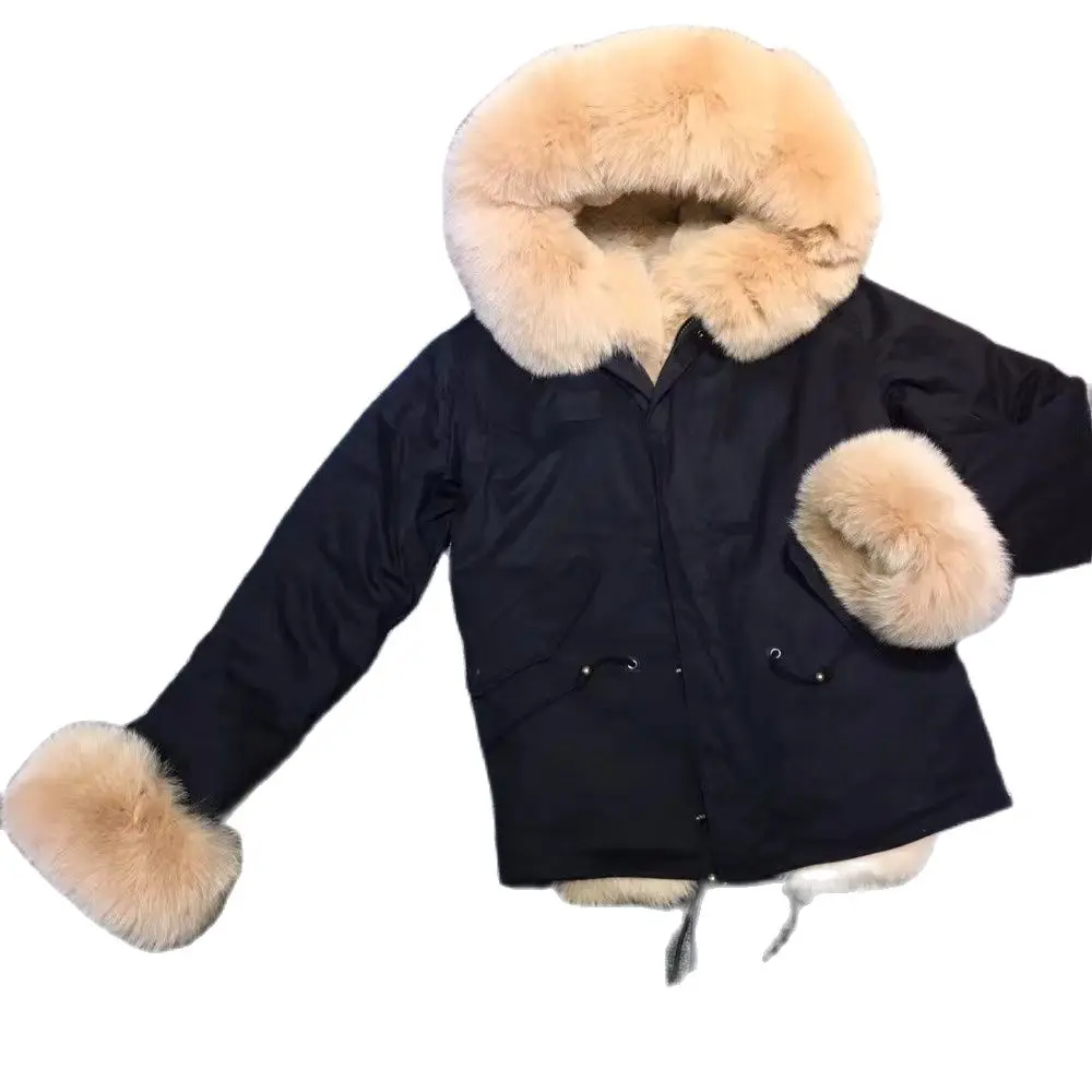 Mhnkro 2018 зимнее пальто с воротником из лисьего меха и манжетами короткое черное на