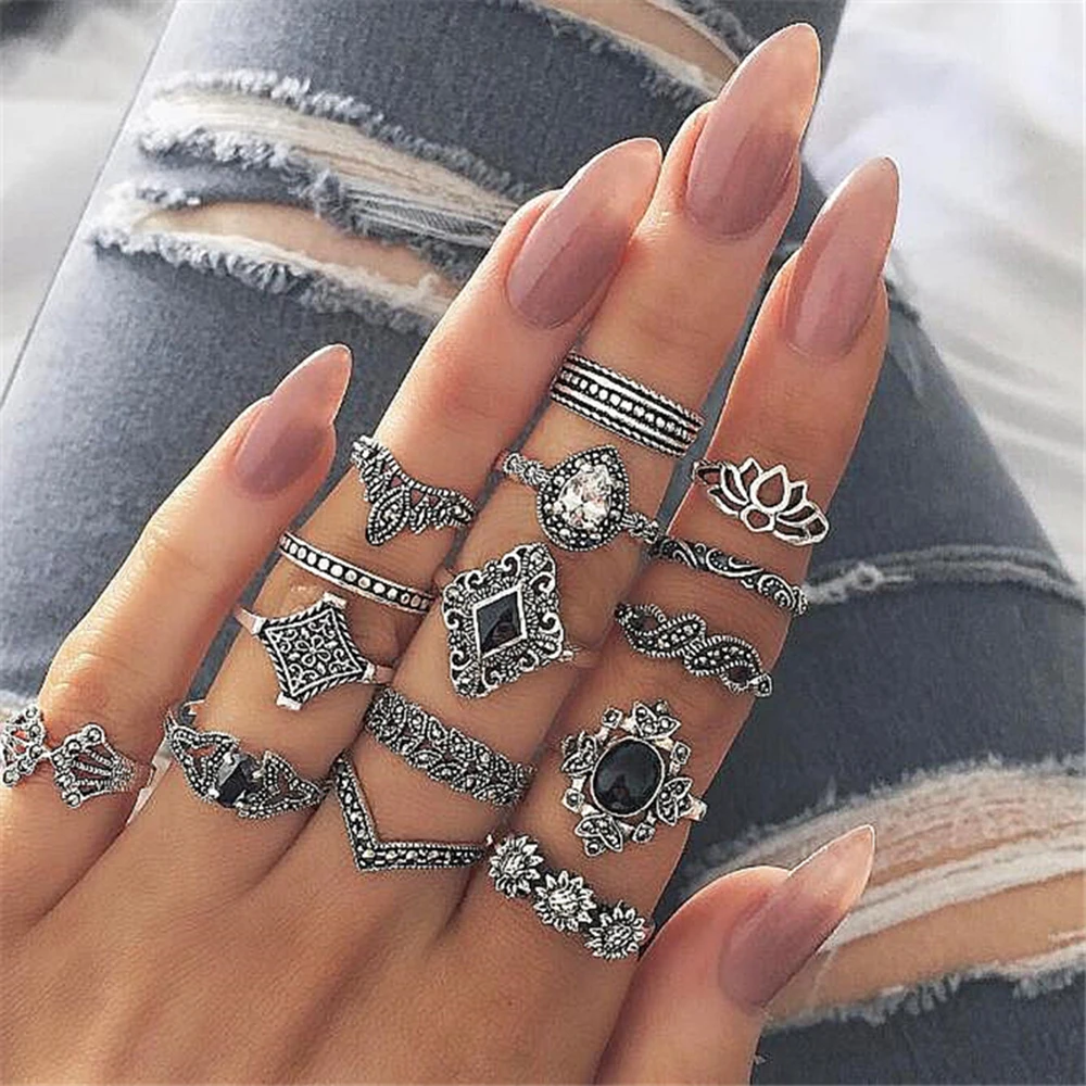 

Wholesale 15pcs/Set Bohemia Hot Sale Geometric Rings Set Lotus Flower Carved Black Knuckle Rings Women Ring Set Dropshipping