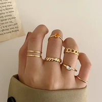 gold color round hollow geometric rings set for women fashion simulation gem crystal twist open ring joint ring female jewelry
