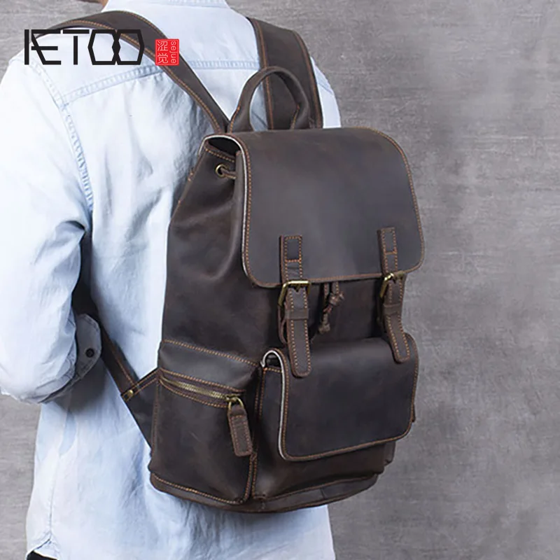 AETOO Vintage Mad Horse Leather Shoulder Bag, Men's Handmade Classic Head Head Leather Travel Backpack, Bag Girl