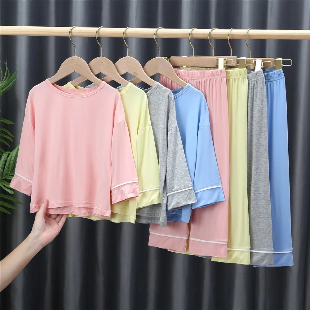 

New Spring Fall Cotton Kids Pajamas Children Clothes 2 Pcs Set Solid Long Sleeve Tops+trousers Casual Home Baby Sleepwear 2-7Y