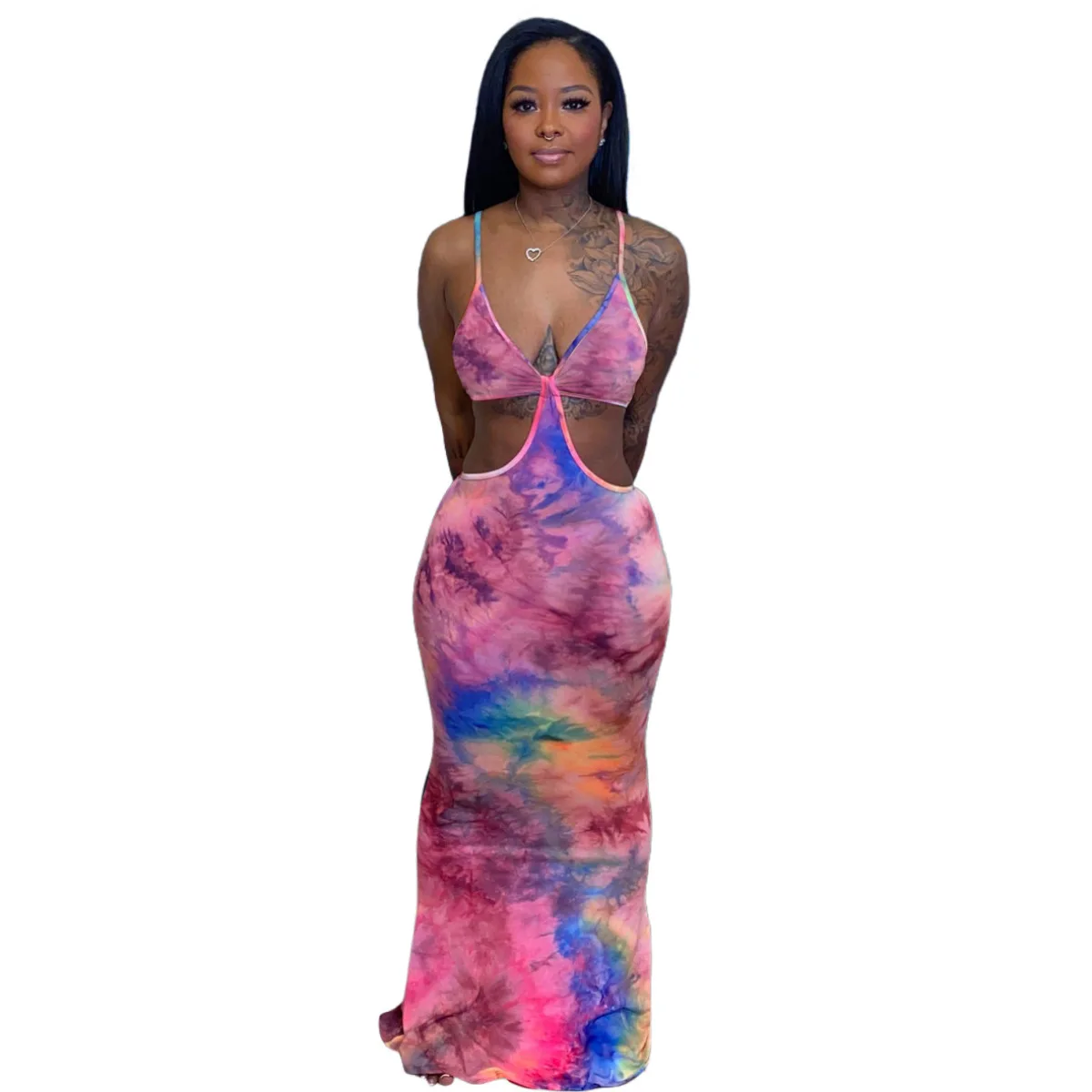 

RStylish Summer Hot 2021 Womens Dress Tie Dye Sleeveless Strap V-Neck Hollow Out Stretchy Skinny Streetwear Bodycon Maxi Dresses
