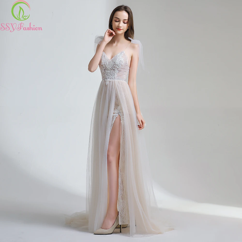 SSYFashion Новое сексуальное кружевное вечернее платье с v-образным вырезом без рукавов со шлейфом и открытой спиной Вечерние платья для выпускного вечера на заказ