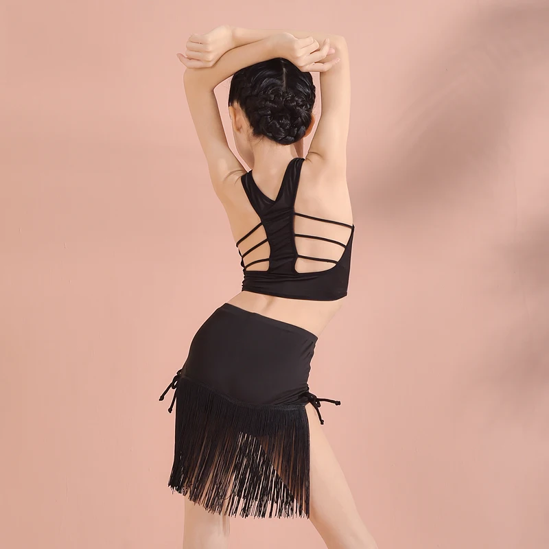 

Fringe Latina Dance Clothes Girls Backless Tap Dance Skirt Set Modern Dance Costume American Clothing Fringe Clothing JL1317