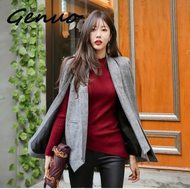 Genuo Fashion Cloak Cape Blazer Women Work Wear Open Front Poncho Coat Notch Lapel Split Long Sleeve Casual Slim Suit Jacket | Женская
