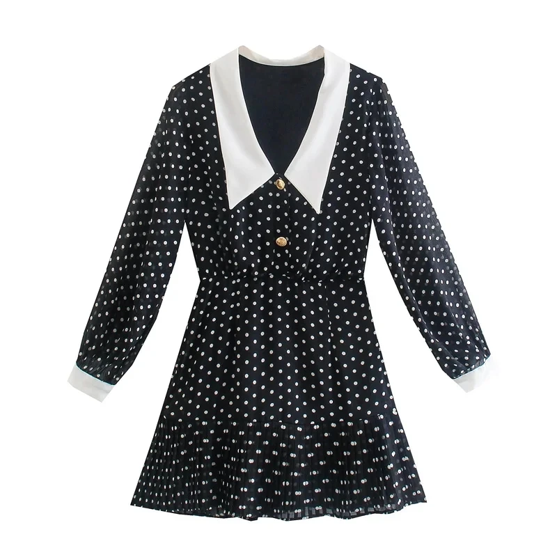 

Withered England HIgh Street Fashion Dress Women Vestidos Turndown Collar Polka Dot Printing V-neck Party Dress Mini Dresses Top