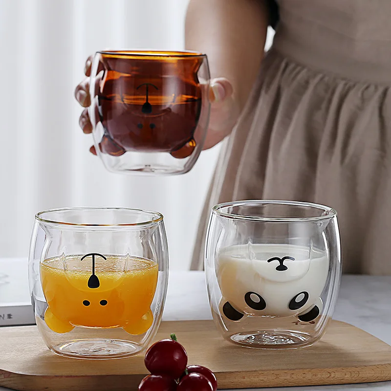

260/300ml Double Heat-resistant Glass Cup Panda Dog Animal Double Glass Coffee Mug Christmas Gift Lovely Breakfast Milk Cup