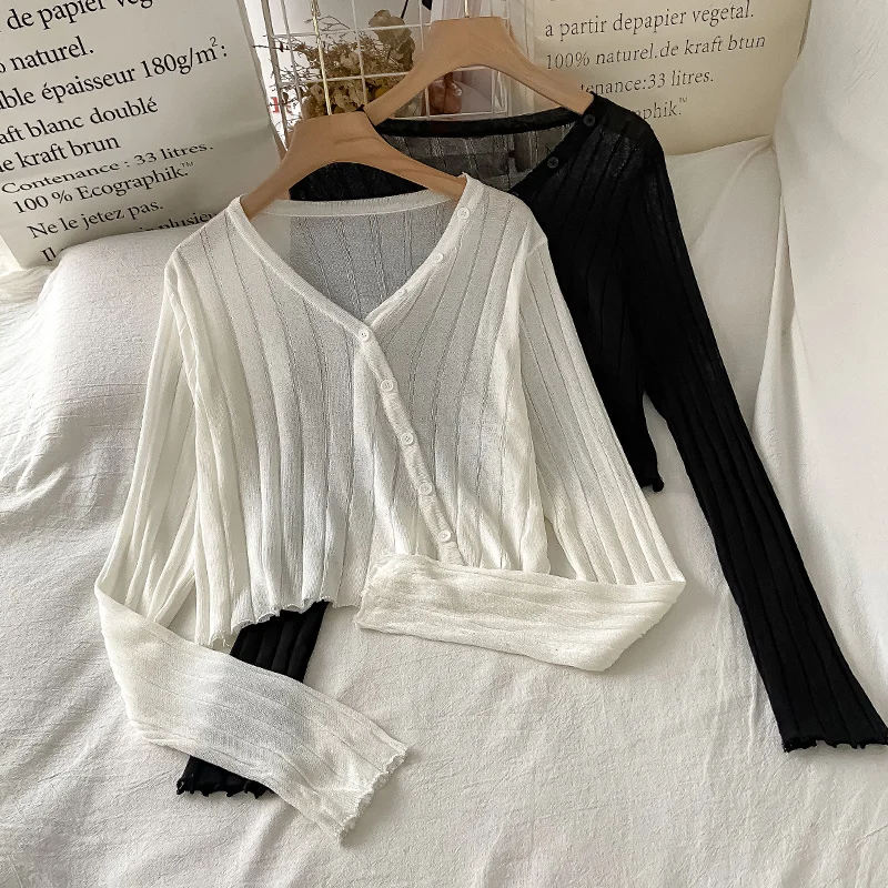 

Women's Long-sleeved Sweater with Oblique Buckle Summer Thin Design Sense Sun Protection Cardigan Irregular V-neck Short Kio