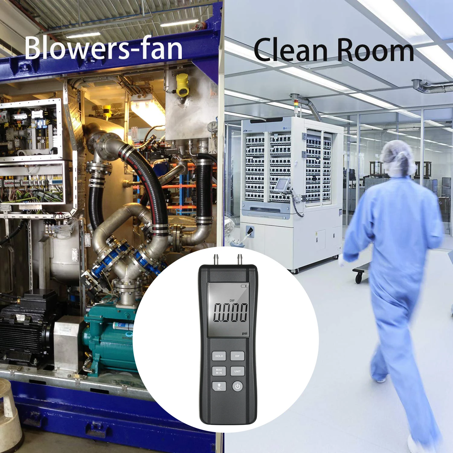 

KKmoon Professional Dual-port Digital Manometer Handheld Differential Pressure Gauge HVAC Gas Pressure Meter Large LCD Backlight