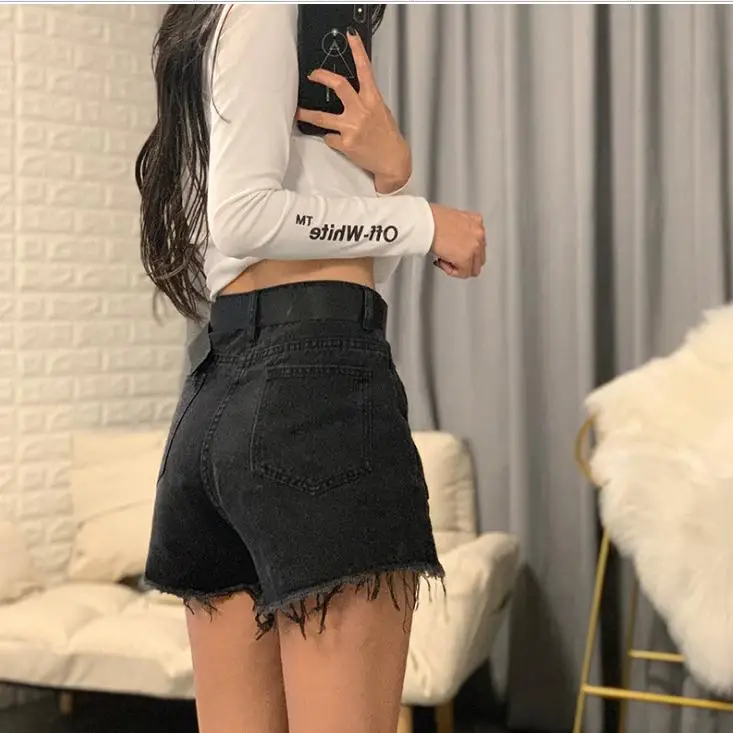 Черный/светильник синий женские джинсовые шорты с бахромой высокая талия