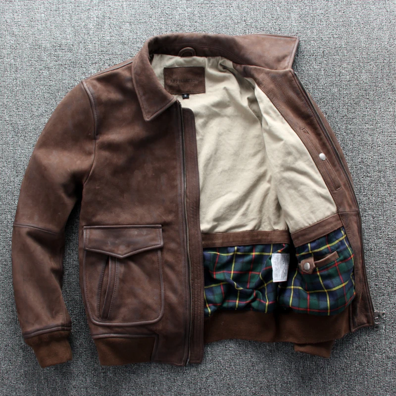 

Vintage Brown 2020 Men A2 Pilot Leather Jacket Plus Size XXXL Genuine Thick Cowhide Winter Military Aviator Leather Coat