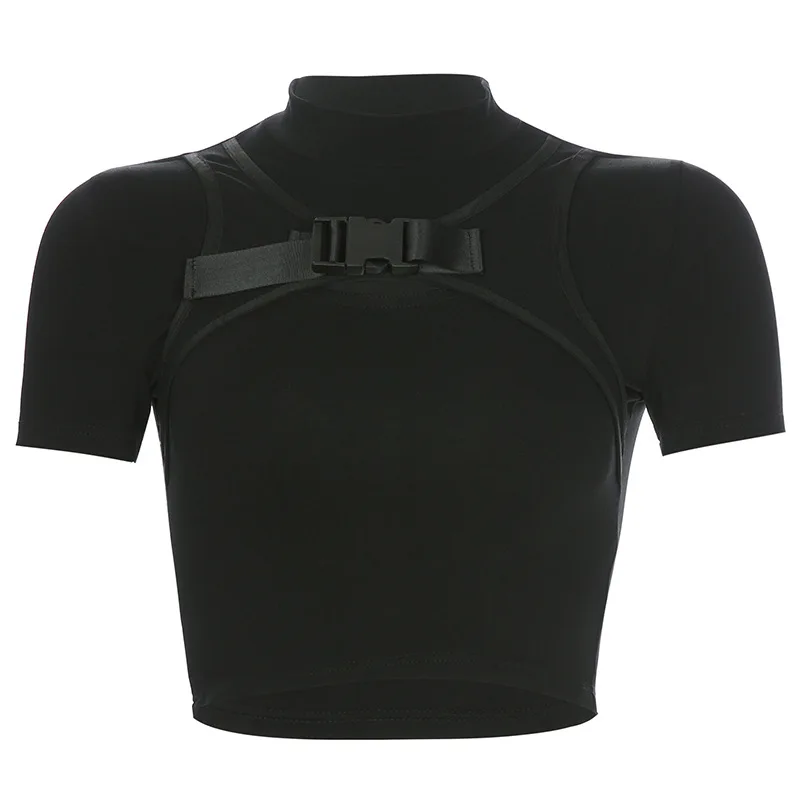 Y Demo Techwear черная футболка женская открытая Пряжка короткий рукав стойка воротник