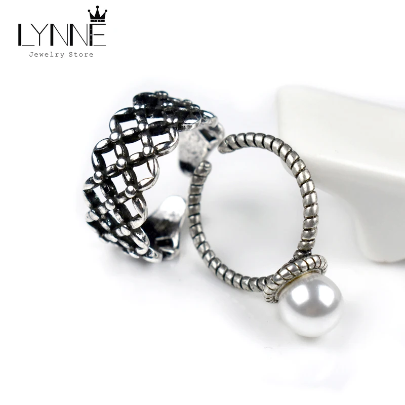 

LYNNE Jewelry Ethnic Style Antique 925 Sterling Silver Rhombus Net And Pearl Ring Open Adjustable Rings Set Women Fashion Gift