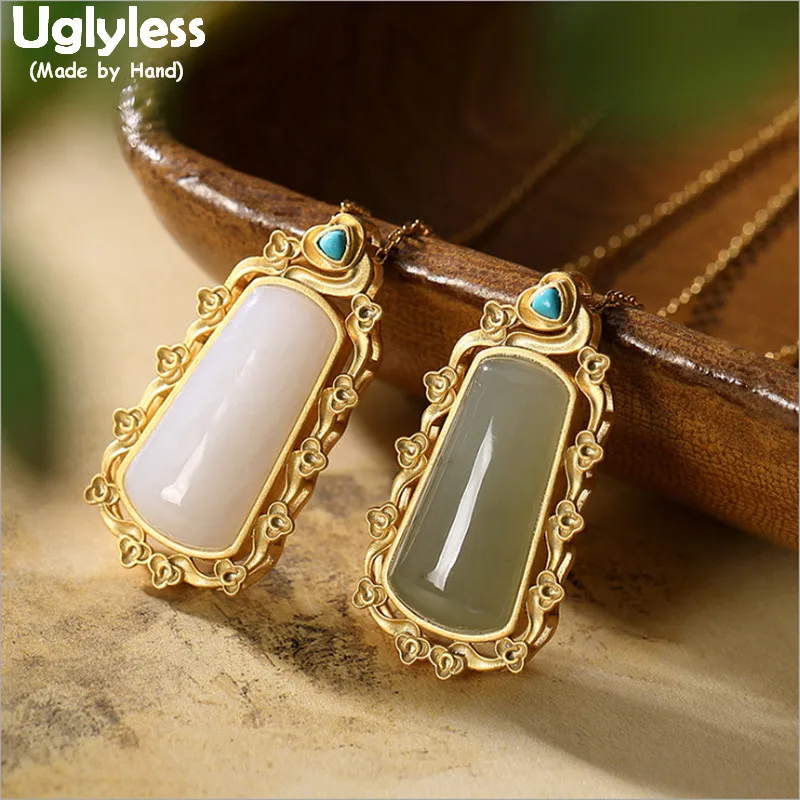 

Uglyless Vintage Flowers Garland Pendants Necklaces for Women Turquoise Jade Square Gemstones Necklaces Gold 925 Silver Jewelry