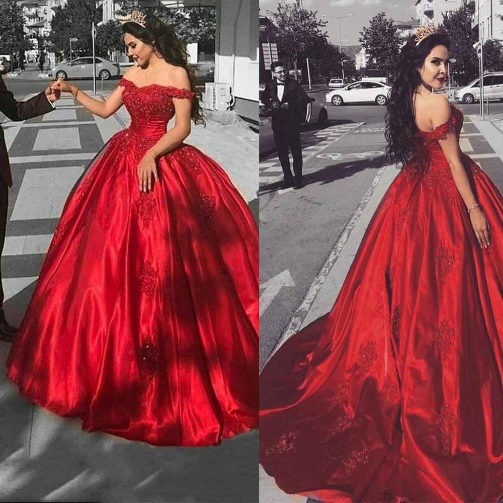 

New Design Cheap Elegant Red Long Sweetheart Off The Shoulder Satin Evening Prom Dresses 2021 Ball Gowns For Women