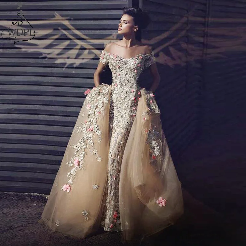 Женское вечернее платье Русалка со съемным шлейфом цвета шампанского золотого с