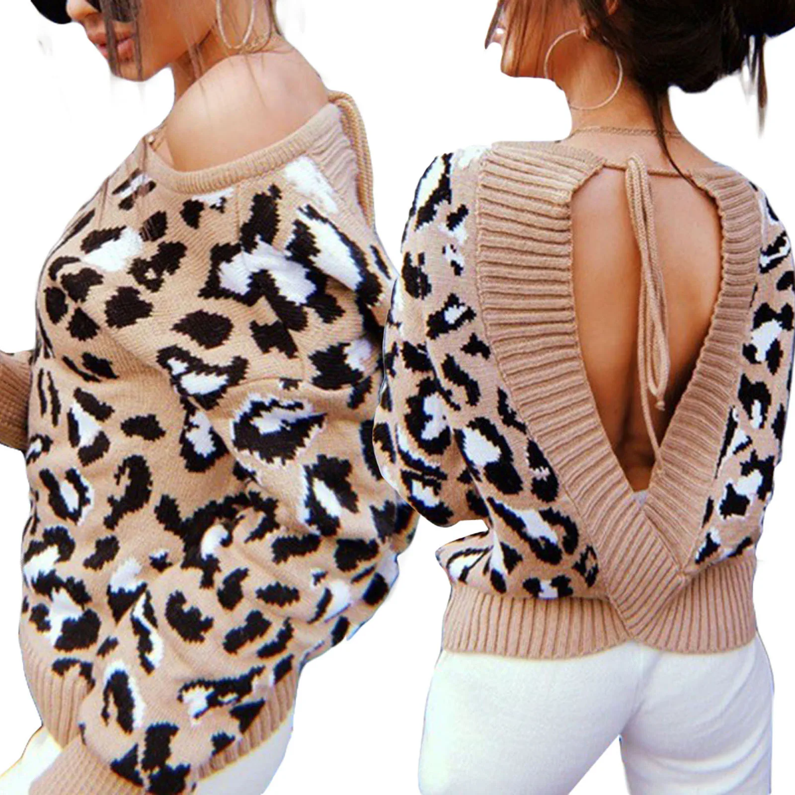 

Женские свитера с леопардовым принтом, Осенние толстые вязаные свитера с длинным рукавом, пуловер оверсайз с открытой спиной и завязкой, по...