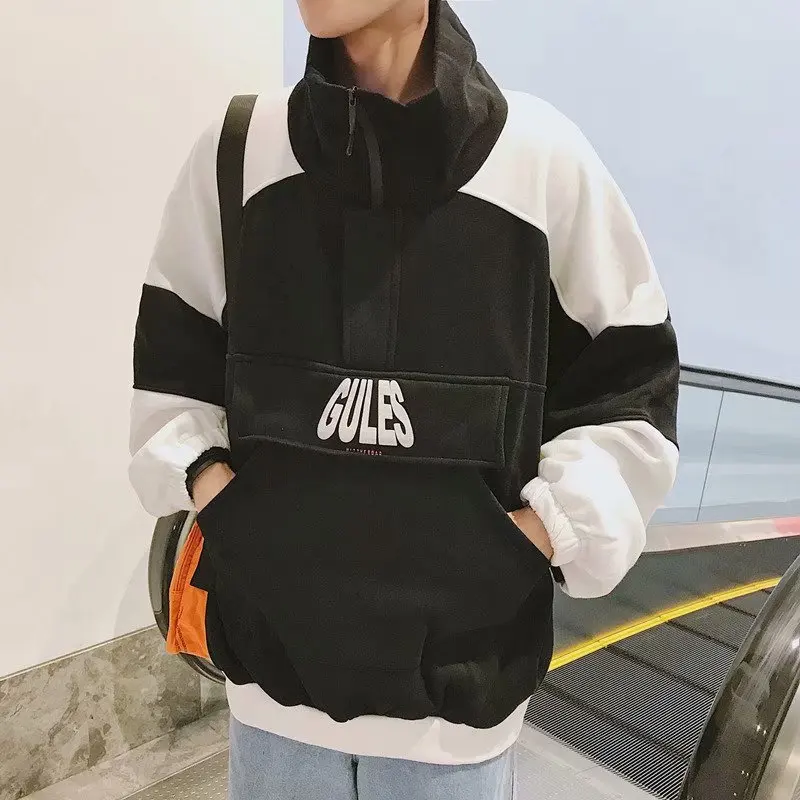 Женская Осенняя свободная толстовка на молнии бархатная черно-белая с длинным