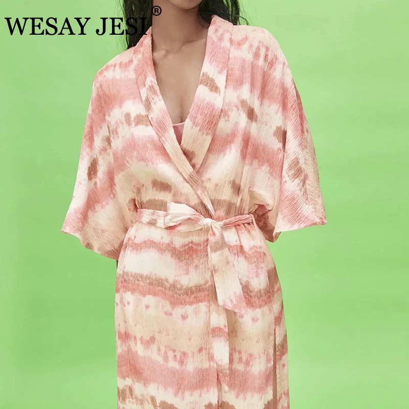 

WESAY JESI Women's Clothing 2021 Summer Fashion Coat Color Matching Tie-Dye Printed Cardigan Woman Long-Sleeved Bow Belt Top
