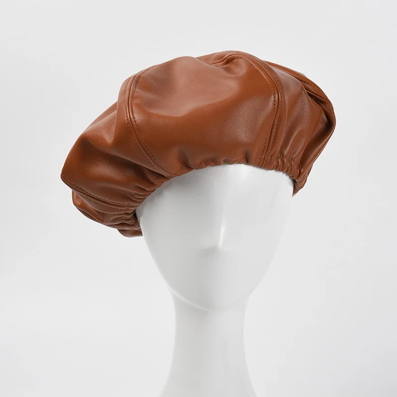 

Новые Женские однотонные береты из искусственной кожи, эластичные шапки художника большого размера, Черные Французские шляпы, оптовая прод...