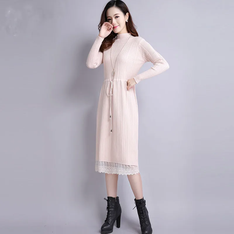 Женское платье-свитер повседневное облегающее кружевное платье с длинным