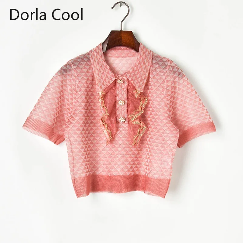 

New 2021 Summer Women Sexy Perspective Tops Knitted Plaid Jacquard Short Sleeves Sweaters Ruffles Button Tees Jumper Pullovers