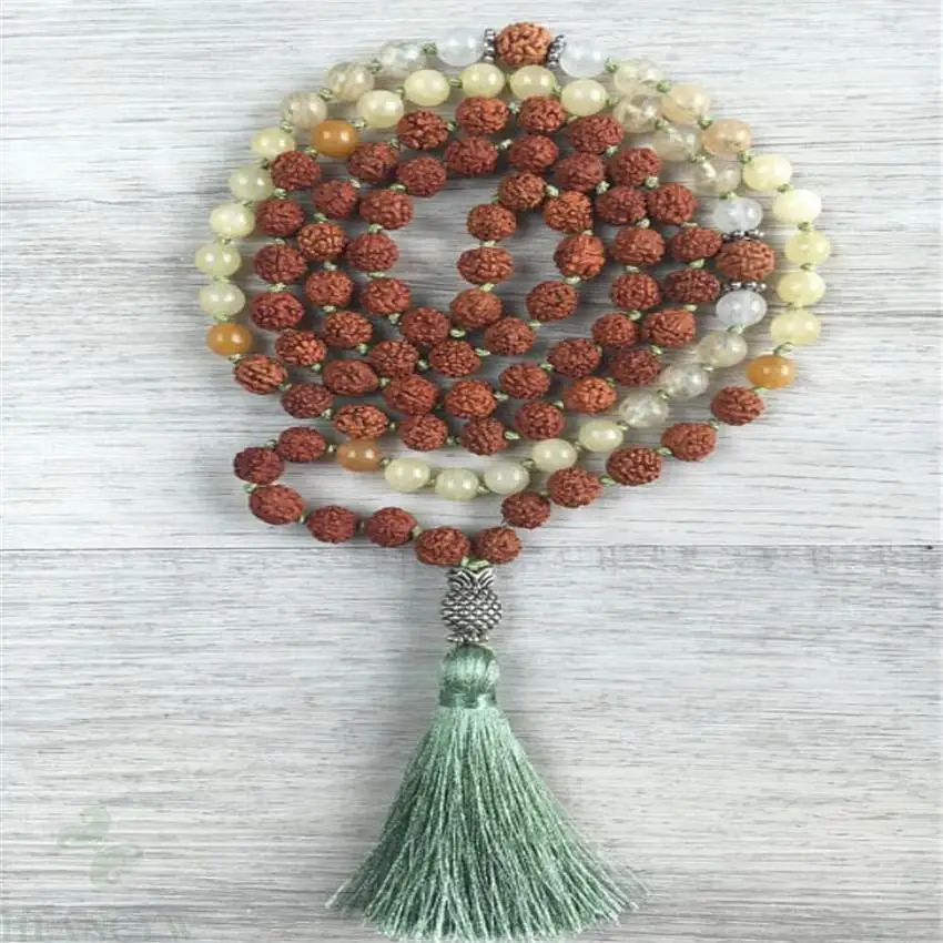 

6mm Rudraksha yellow Jade Gemstone Mala Tassel necklace 108 Bead chain Meditation Nepal Fancy energy Veins Healing Multi-color