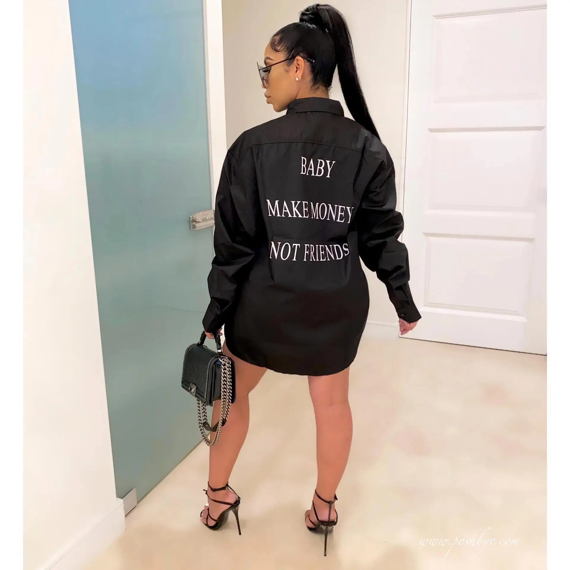 

Women Loose Style Casual Long Sleeve Letter Printed Mini Solid Shirt Dress