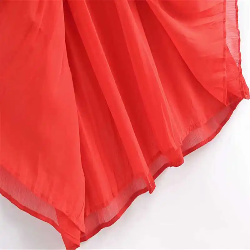 

2021 Red Chiffon Summer Dress Women Short Puff Sleeve Elastic Waist Vintage Midi Dresses Woman Button Up Lining Party Dress