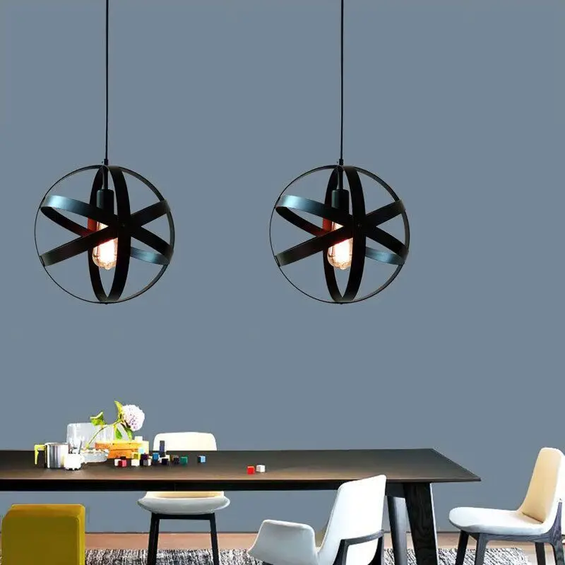

American Retro LED Black Round Spherical Chandelier Industrial Style Single Head Lamp Bedroom Restaurant Bar Decorative Lighting