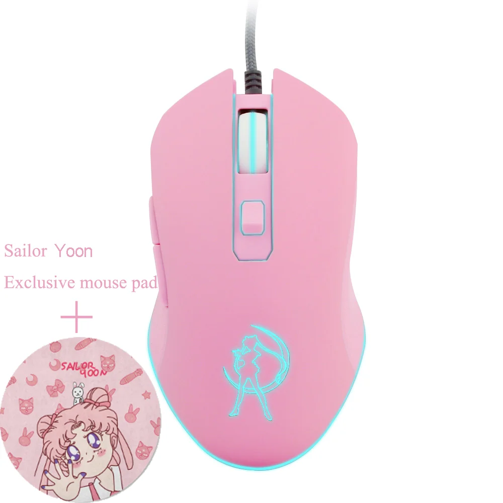

Pink Optical Mouse Sailor Yoon Gaming Computer Wired Mause Mute Pretty Backlit Colorful Mice 3200DPI For Girl Women Gift PC Game