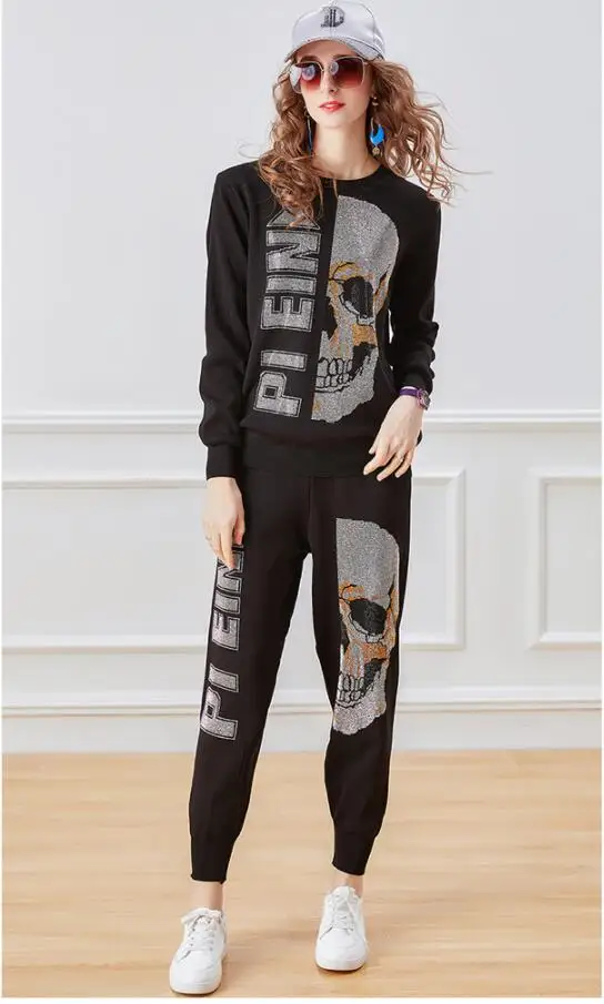 

Женский Дизайнерский Костюм, зимний спортивный костюм для девочек, одежда 2021, Женский комплект из 2 предметов, горячие спортивные костюмы Стразы