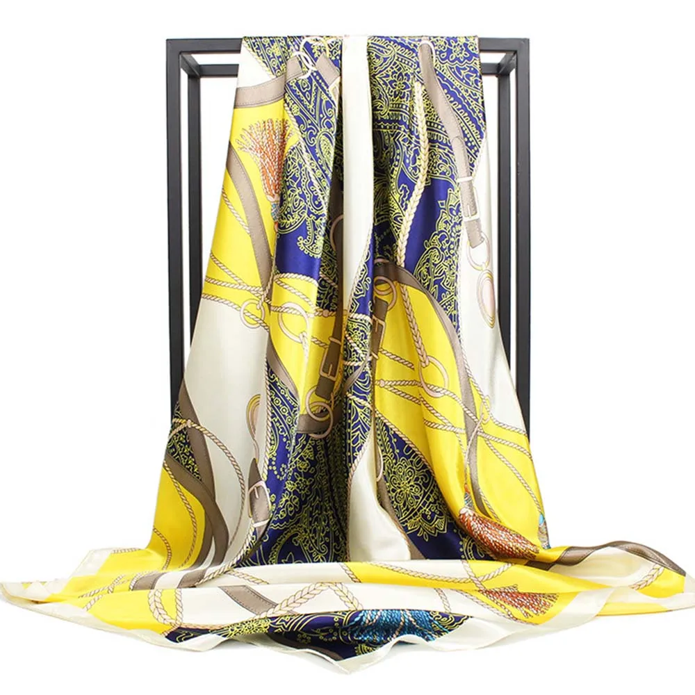 Женский атласный шарф платок квадратный шелковый с принтом цепей большие