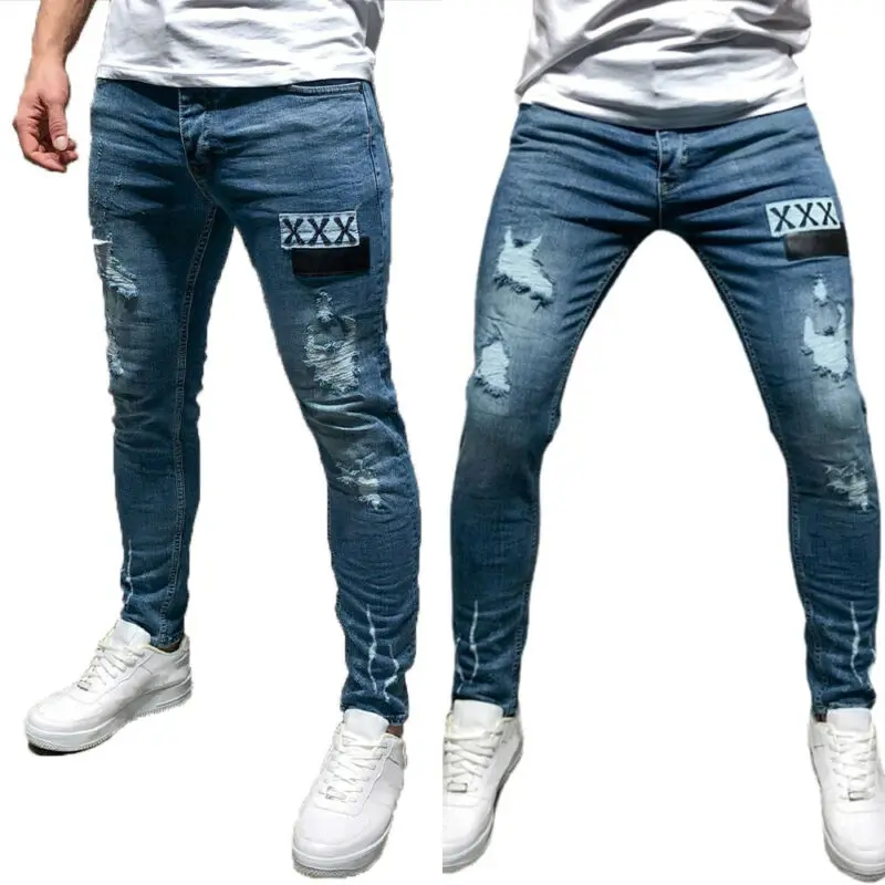 Мужские рваные узкие джинсы стрейч повседневные облегающие длинные